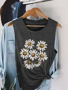 Women's Daisy Print Round Neck Tank Top, Casual Sleeveless Crewneck Top for Daily Wear, Ladies Clothes for All Seasons, Casual Floral Sleeveless