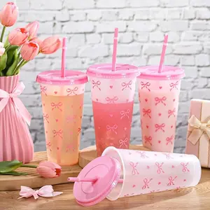 24 0z Crystal Bow Heart Straw Cup Set, Reusable Drinking Cups with Lids, Perfect for Parties & Events, ldeal Valentine's Day Gift