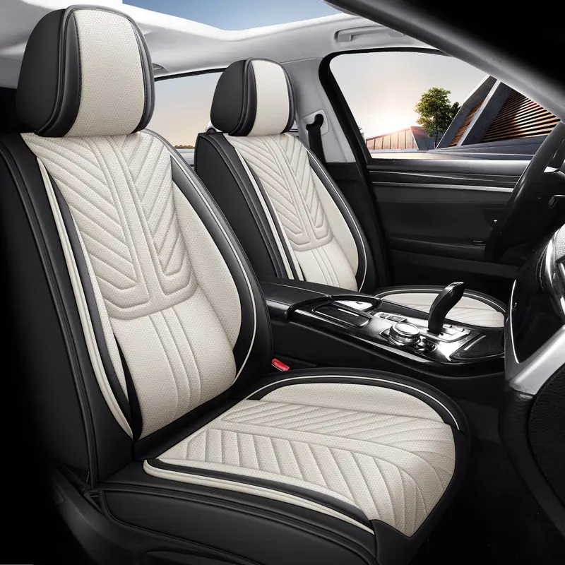 Nappa Leather Car Seat Cover 5 Seats Full Set Universal Breathable Cover 4 Seasons with Lumbar Support Luxury Airbag Compatible Adjustable Size Automotive Interior Cushion