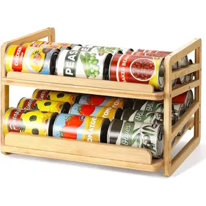 NEW Rolling Bamboo Can Organizer Rack, Stackable Double-Layer Can Organizers and Storage For Pantry, Canned Goods Holder Dispenser For Countertop Kitchen Cabinet or Pantry Shelf