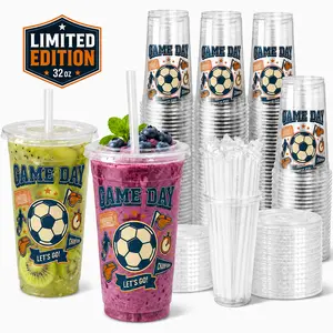 50-Pack 12-32oz Clear Plastic Iced Coffee Cups with Lids and Straws, Disposable To Go Cups for Smoothies, Milkshake, Cold Beverages, Coffee Bar Accessories
