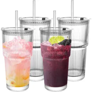 Ribbed Drinking Glasses,with Lids and Straws Glass Cup,20oz Glass cup,4 Pack Old Fashioned Glasses,Thickened for iced coffees,cocktails and juices, perfect for families and parties (4)