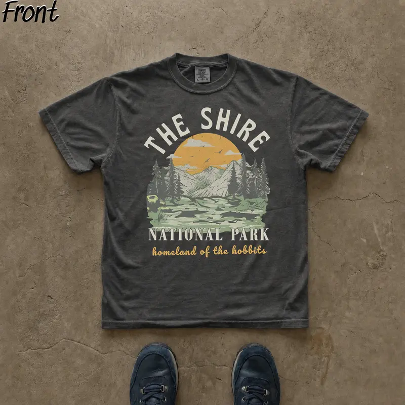 Gildan Men's Vintage Lord of The Rings Graphic T-Shirt - Short-Sleeve Casual Round Neck Black Top, The Shire Hobbit Homeland, Middle Earth J.R.R. Tolkien Movie Menswear, Tshirt