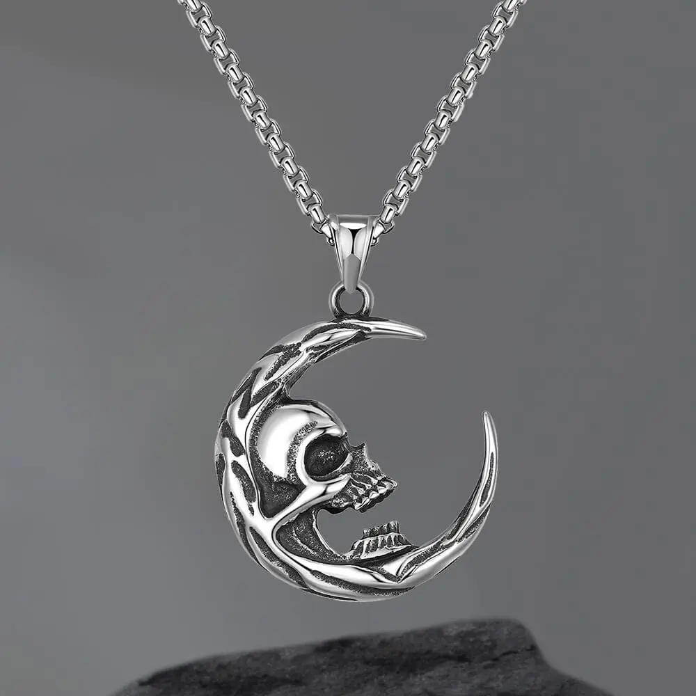GTHIC The Skull of Waning Moon Stainless Steel Gothic Necklace Skull Pendant Unisex Men Birthday Mother's Day Gift