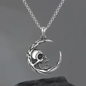 GTHIC The Skull of Waning Moon Stainless Steel Gothic Necklace Skull Pendant Unisex Men Birthday Mother's Day Gift