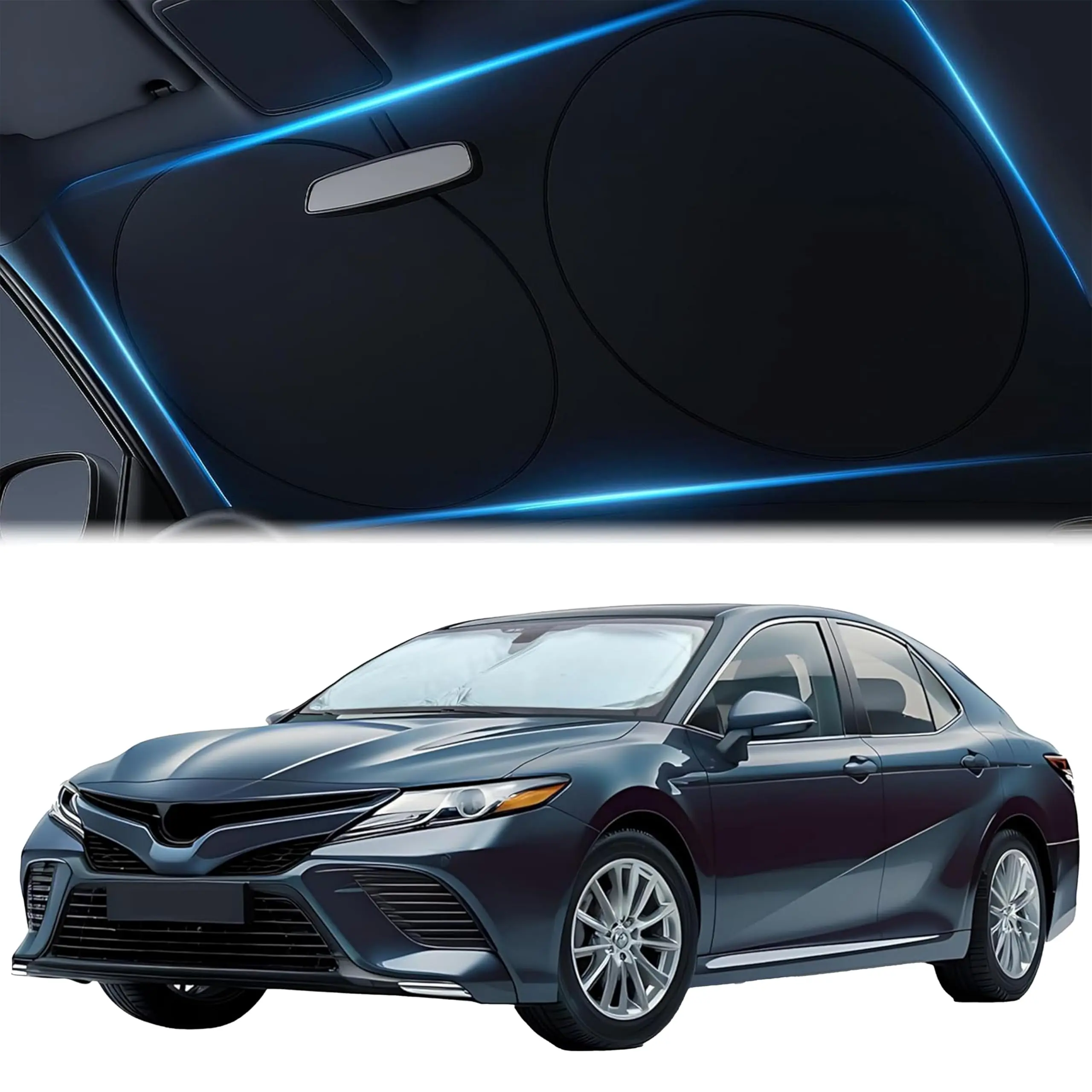 EcoNour 240T Fabric Reflective Front Windshield Sunshade - 59x29in Synthetic Polyester Heat Shield, UV Blocking, Mirror Cut, Flexible Wire Frame, Snap-On Closure, Compact Pouch, Easy Carry, Glovebox Stow for Small Sedans, Car Use, Manufacturer Warranty