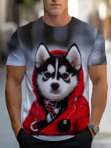 Men'S Retro Vintage Husky Puppy Graphic T-Shirt - Casual Athletic Short Sleeve Tee with Adorable Husky in Red Jacket Print, Comfortable & Durable Fabric for Everyday Wear, Leisure Activities, and Unique Fashion Statements, Leisure Activity Shirt | Playful