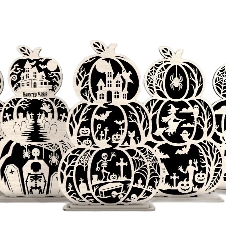 Standing Wood Pumpkins Laser Cut for Fall & Halloween Decor - Haunted Manor Design - Easy Display - Festive Autumn Atmosphere Snack
