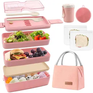 Bento Box  Lunch Box Kit Leakproof Bento Lunch Box for  Adults Wheat Straw 3 Layer Stackable Lunch Containers with Copartent  eal Prep Containers ()