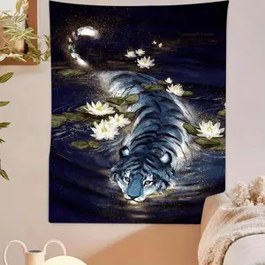 Tiger & Lotus Flower Pattern Tapestry, Wall Hanging Tapestry, Home Decor for Living Room Bedroom Dorm, Durable Decorative Tapestry, Includes Free Hanging Accessories