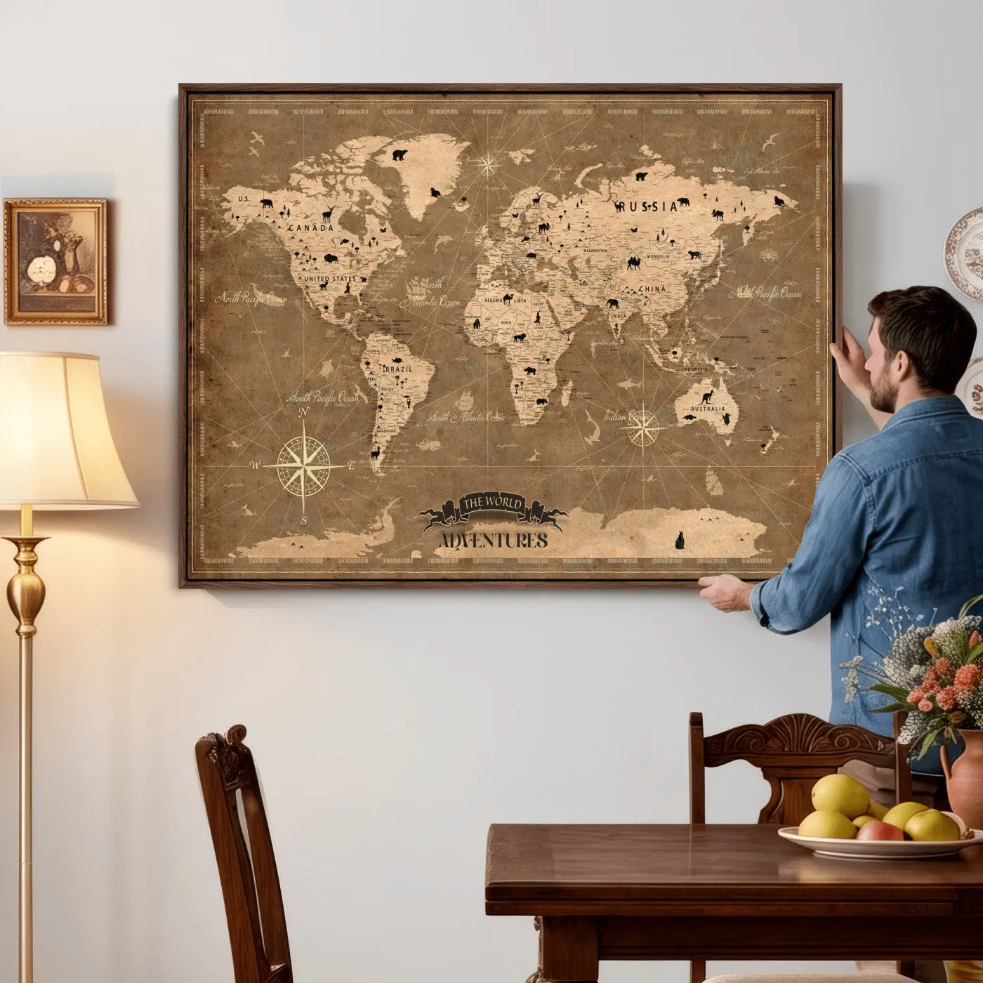 Framed World Map Wall Art Canvas Print - Contemporary Durable Decorative Map of the World Prints for Home Inspo Living Room, Office Wall Decor, Decorative Prints