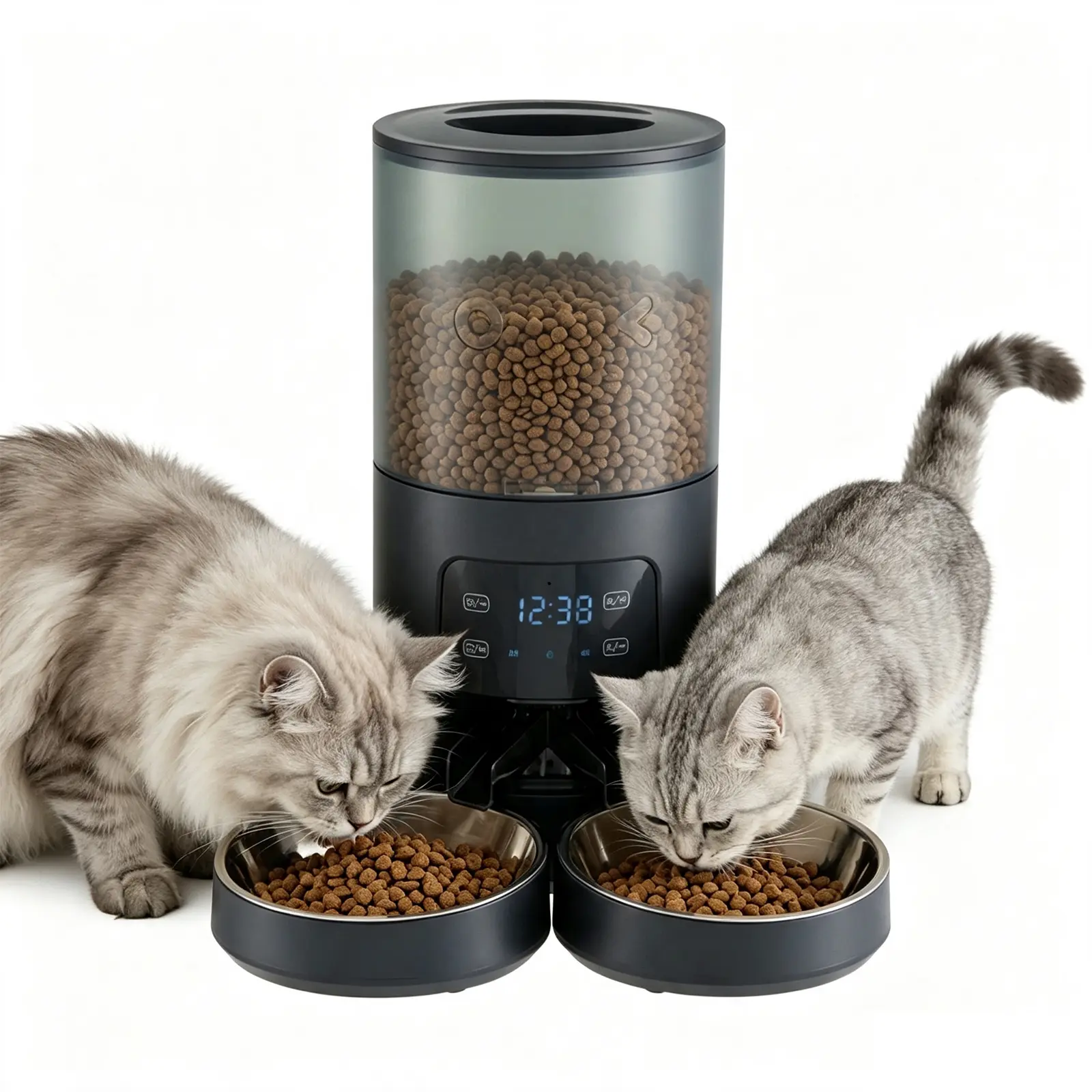 Dual Automatic Cat Feeder 2 Cats, 6L Dry Food Auto Dispenser with Double Stainless Steel Bowls,Dual Power Supply,Programmable Portion Control,10s Voice Recorder(Black)Automatic feeder, 6-liter intelligent pet food dispenser, 304 stainless steel bowl