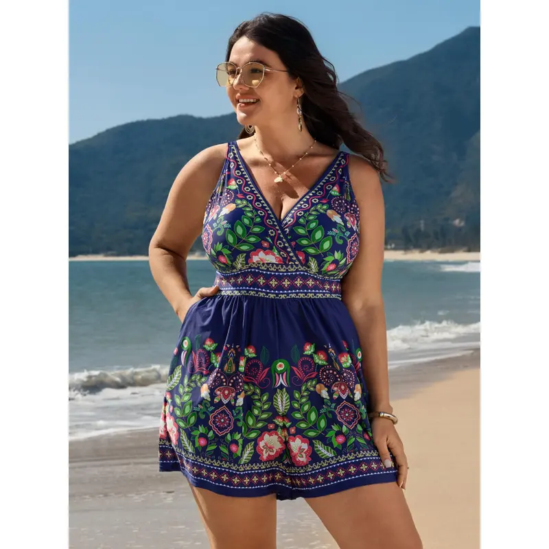 BloomChic Tropical Print Pockets One-Piece Swimsuit 【M-6XL】