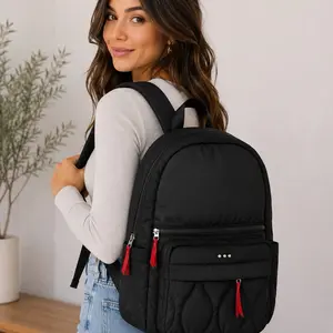 Pretty Simple Go To Organized Puffer Nylon Backpack Laptop Compartment Water Bottle Storage Key Leash Black