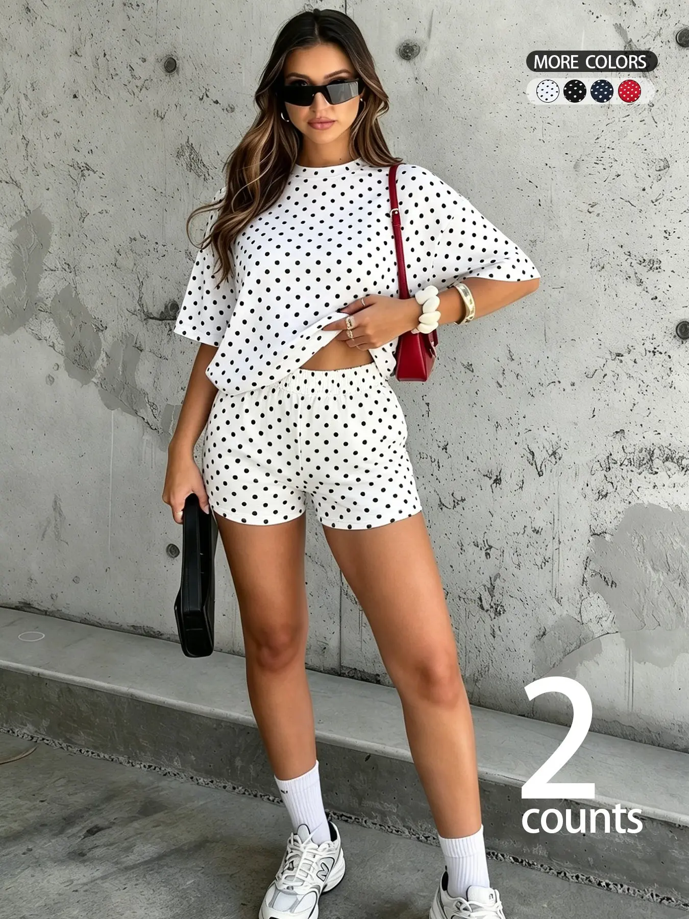 Women's Casual Loose Baggy Polka Dot Short Sleeve Top Set, Clothes, Comfortable Soft Fabric, Trendy Style Drawstring Mid-Length Pants, Perfect for Summer