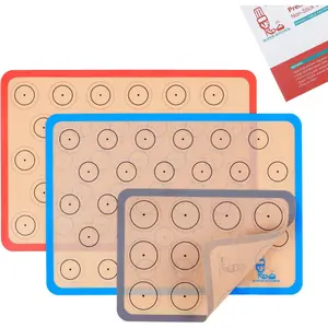 Silicone Baking Mat Macaron - Set of 3 (2 Half Sheet Liners and 1 Quarter Sheet), Non Stick Silicon Cookie Oven Liner For Macaroons, Bake Pans, Pizza, Toaster, Cake and Bread Making (Red,Blue,Gray)
