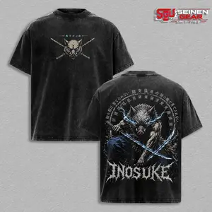 Inosuke Hashibira Beast Breathing Vintage Washed Oversized T-Shirt, Demon Slayer Anime Graphic Tee, Unisex Streetwear Heavy Cotton Top Outfit for Men, Casual Gift for Anime and Manga Fans