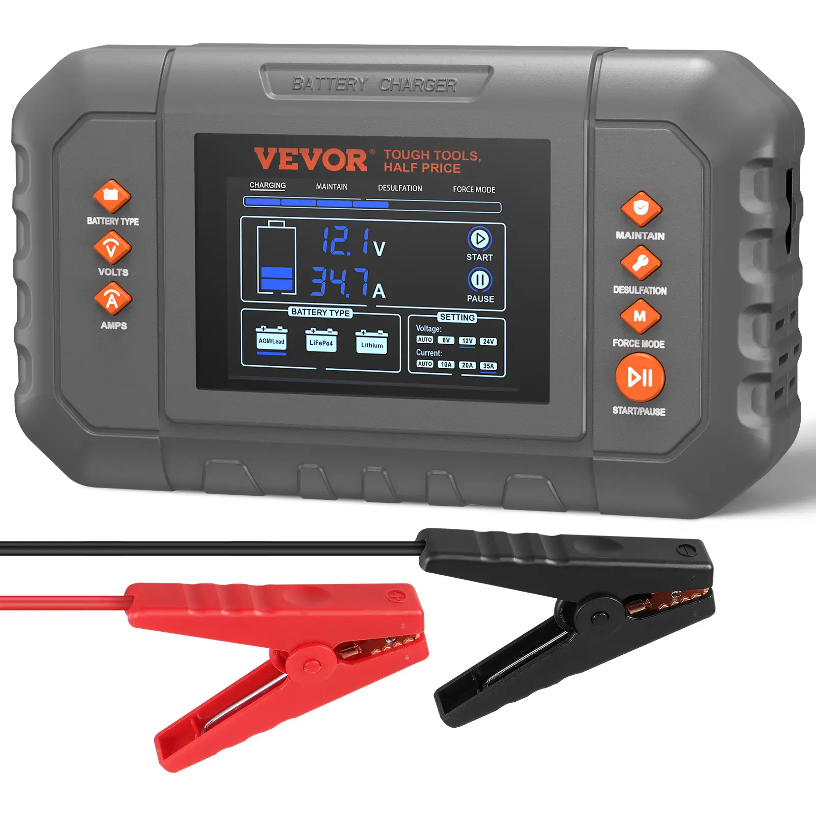 VEVOR Smart Battery Charger, 35-Amp, Lithium LiFePO4 Lead-Acid (AGM / Gel / SLA) Car Battery Charger with LCD Display, Trickle Charger Maintainer Desu