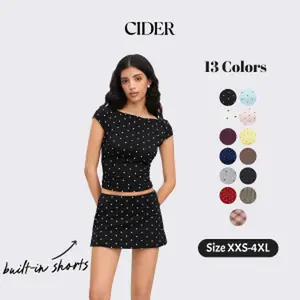 Cider 2-Piece Set Cotton-blend Boat Neck Polka Dot Ruched Tee & Mini Skort with Built-in Shorts Fashion Style Women's Summer Sets SummerWins Dealsforyou