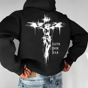 Men's Cross & Faith Slogan Hoodie, Plush Lined Thermal Warm Long Sleeve, Casual Comfy Kangaroo Pocket Sweatshirt for Spring & Fall Daily Wear	