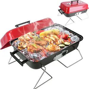 Portable Charcoal Grill with Thick Handles - Outdoor Foldable Tabletop Grill with Lid, Small Barbecue Smoker for Backyard, Camping