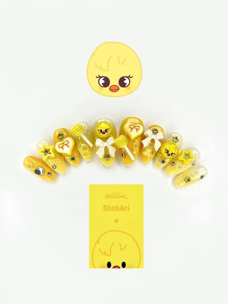 Handmade UBbokArino Inspired Press On Nails | Kawaii Yellow 3D Chick Nails with Bows, Candy & Glitter Jelly Gel | K-Pop Fake Nails with FREE Adhesive Tabs FREE Nail File FREE Cuticle Stick
