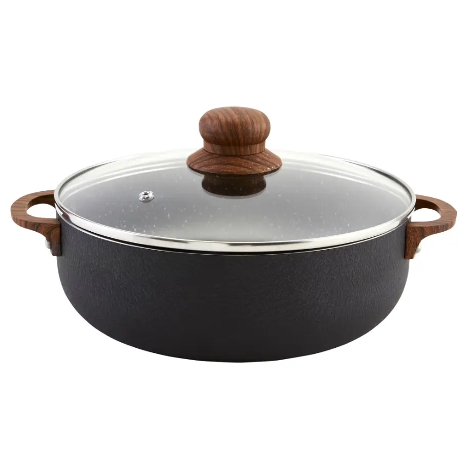 13.5Qt Black Stone Aluminum Speckled Nonstick Caldero with Glass Lid & Wood Look Handles for Large Meals Kitchen Cookware