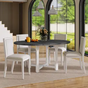 5-Piece Extendable Dining Table Set for 4, Round Dining Table for 4 with Upholstered Chairs, Farmhouse Kitchen Table Set with Removable Leaf for Dining Room and Kitchen (Grey+White)