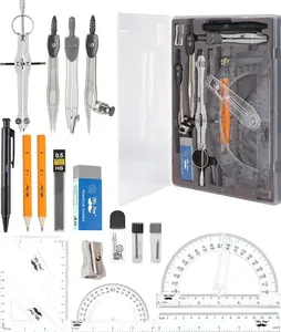 Geometry Set with 6 Inch Swing Arm Protractor, Divider, Set Squares, Ruler, Compasses and Protractor, 15 Piece Set