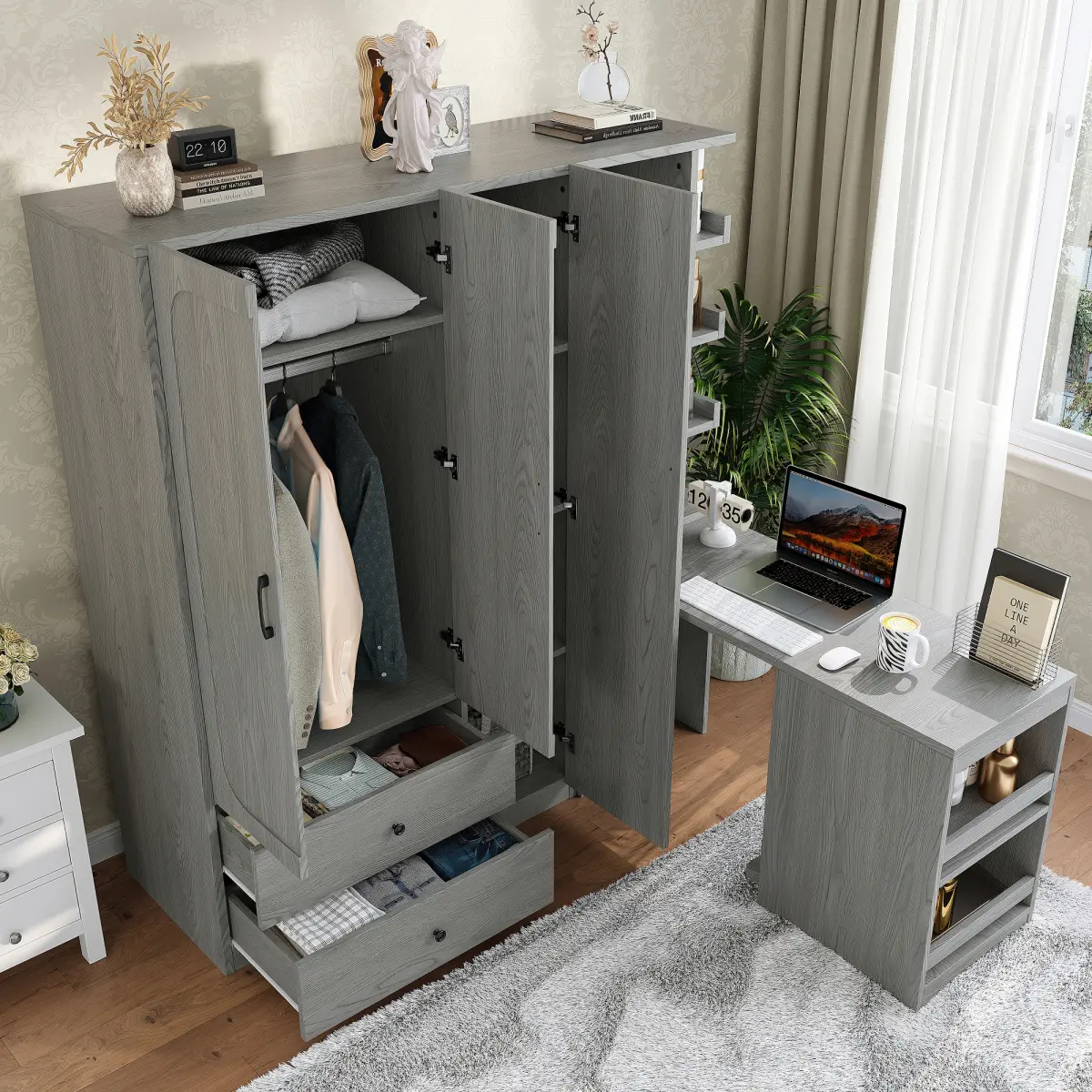 Aobtkel 2-Door Double Wardrobe, Wooden Multifunctional Multi-Compartment Storage Wardrobe with Hanging Rod, Convertible Desk and Storage Drawers, for Bedroom, Cloak Room, Double Wardrobes, Multi-Compartment Storage Wardrobes