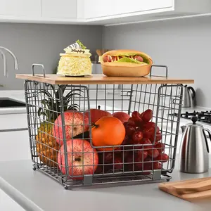 Large Collapsible Wire Storage Basket (with Bamboo Lid and Label) — Pantry Organizer Bin for Kitchen Countertops, Cabinet Shelves, and Under-Sink Storage; Suitable for Storing Produce (e.g., Onions, Potatoes).