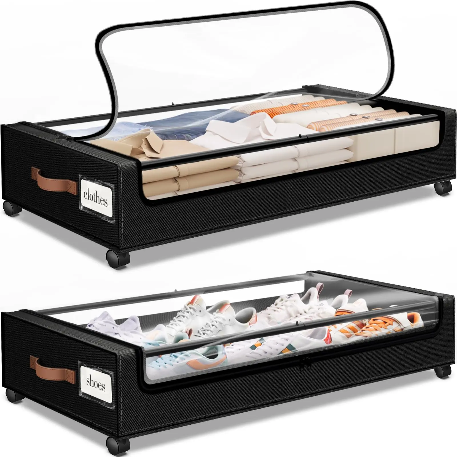 Bed storage box with wheels 1. Bed storage box with transparent windows and labels. Under-bed drawer-style storage device, used for storing clothes, shoes and blankets. Organiser makeup organizer jewelry organizer