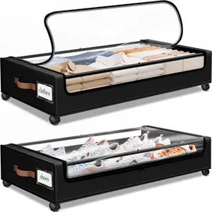 Bed storage box with wheels 1. Bed storage box with transparent windows and labels. Under-bed drawer-style storage device, used for storing clothes, shoes and blankets. Organiser makeup organizer jewelry organizer