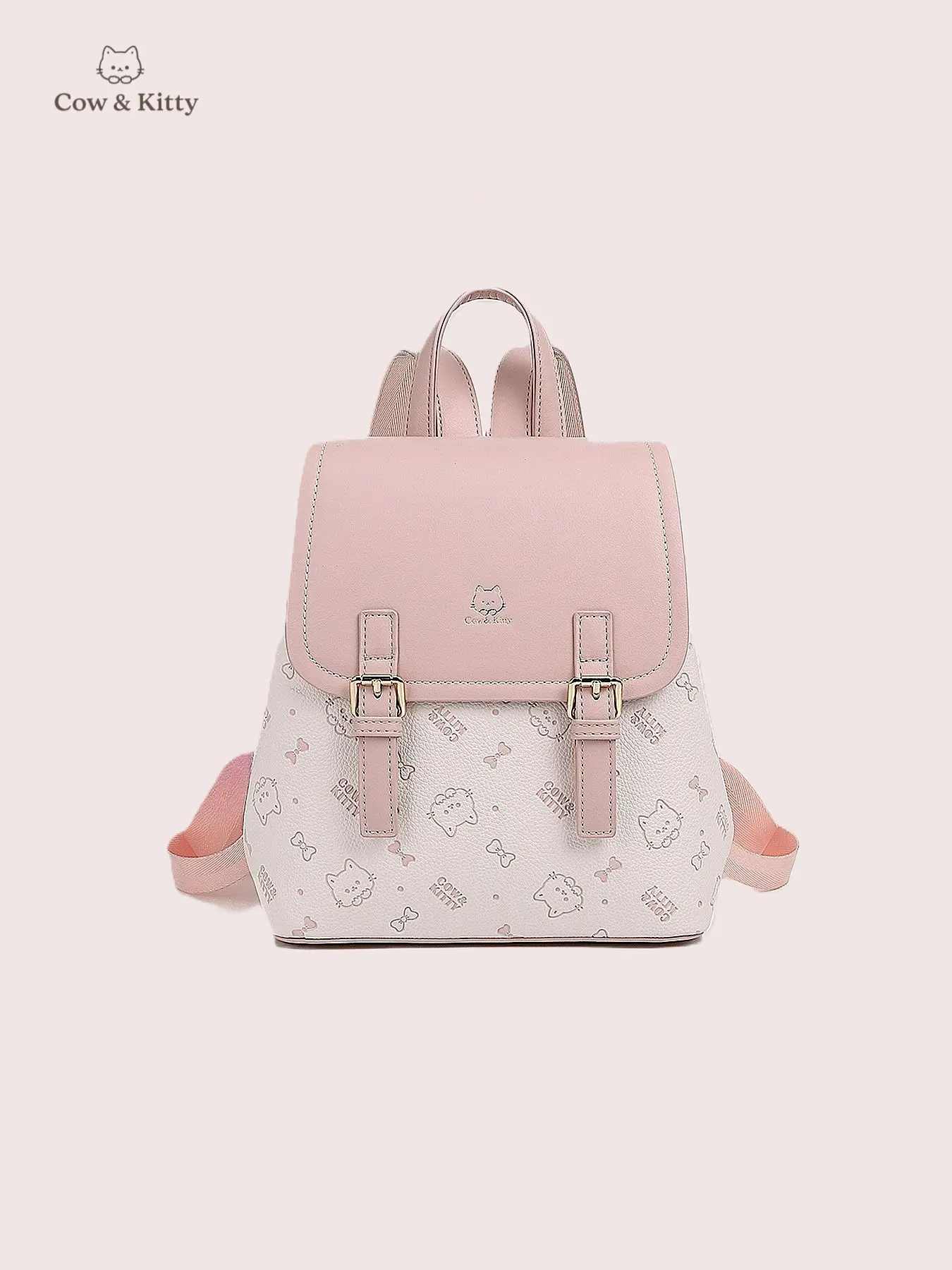 1800 PU Backpack Small PU Leather Backpack Purse Travel Shoulder Bag Pink Cow&Kitty Kawaii Kitty Print Mini Compact Backpack for Women  main image 2