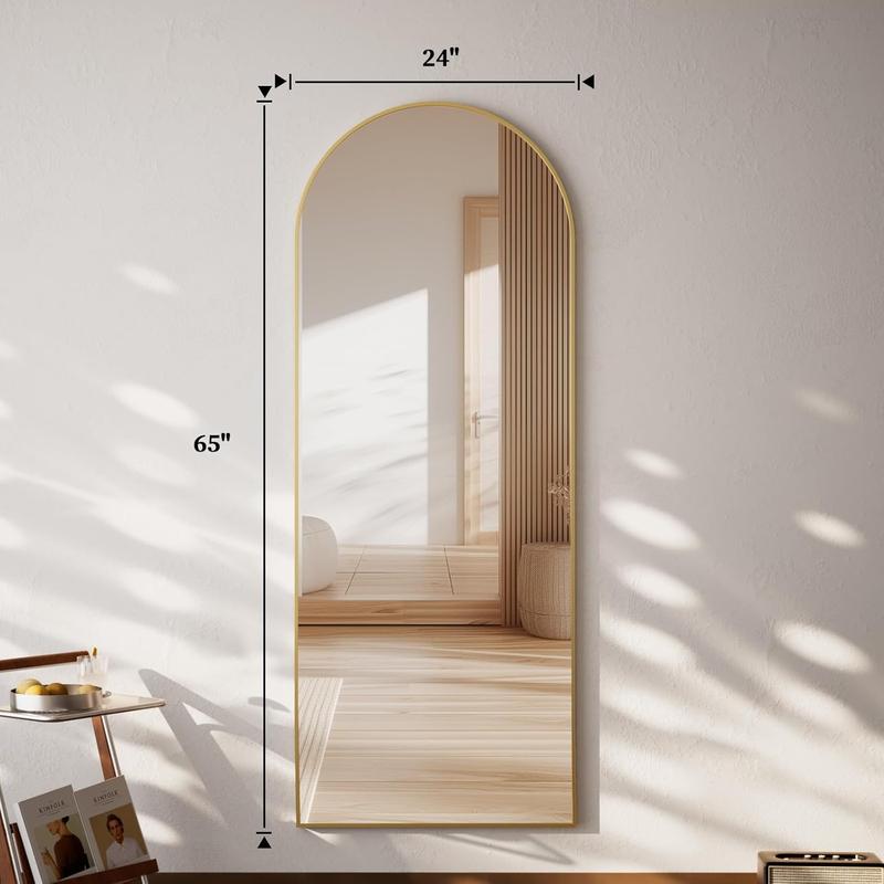 Full Length Mirror, 65"x24" Floor Mirror, Arched Floor Standing Freestanding Arch Full Body Mirrors with Stand for Bedroom, Hanging Mounted for Living Room Cloakroom,Gold