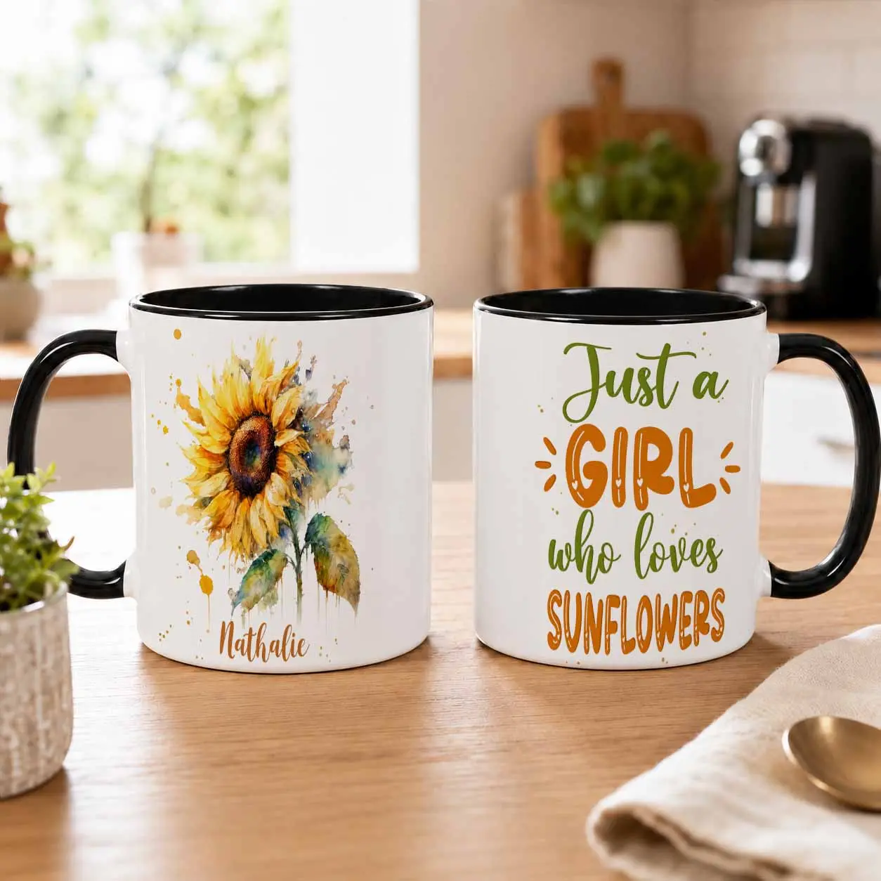 Watercolor Sunflower Ceramic Mug, 11oz/15oz Drinkware, "Just a Girl Who Loves Sunflowers" Print, Personalized Nathalie Coffee Cup, Washable Durable Gift for Office & Home Birthday, Drink