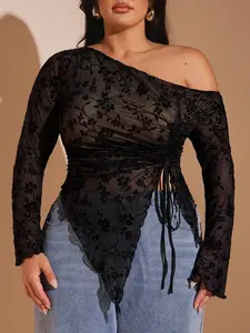 SHEIN BAE Plus Size Women Mesh Drawstring Side Top, Elegant Summer Holiday Party, Suitable For Valentine's Day, Birthday,Modest,Office, See Through Top,Fall Clothes For Women,Valentine's Day,Valentine Outfits For Women