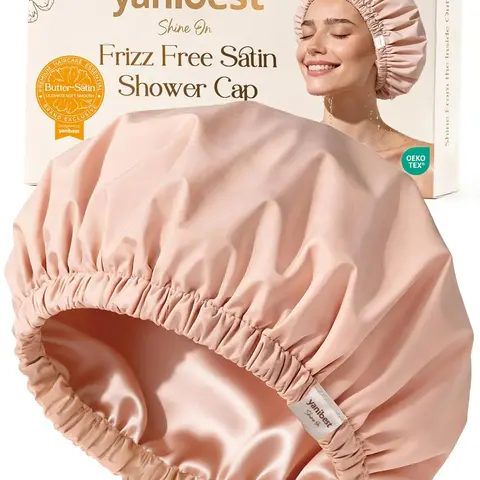 Yanibest Women's Plus-Size Satin-Lined Reusable Waterproof Shower Cap - Nylon Cover, Soft Elastic Band, Frizz-Free Hair Protection, Shampoo Cap, Bathroom Haircare Accessory