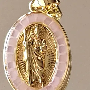 N48-Mini Saint Jude Thadeus Light Pink Pendant 18 Karat Gold Plated Copper 17.5 Inch Box Chain Unisex Religious Jewelry Not Water Resistant