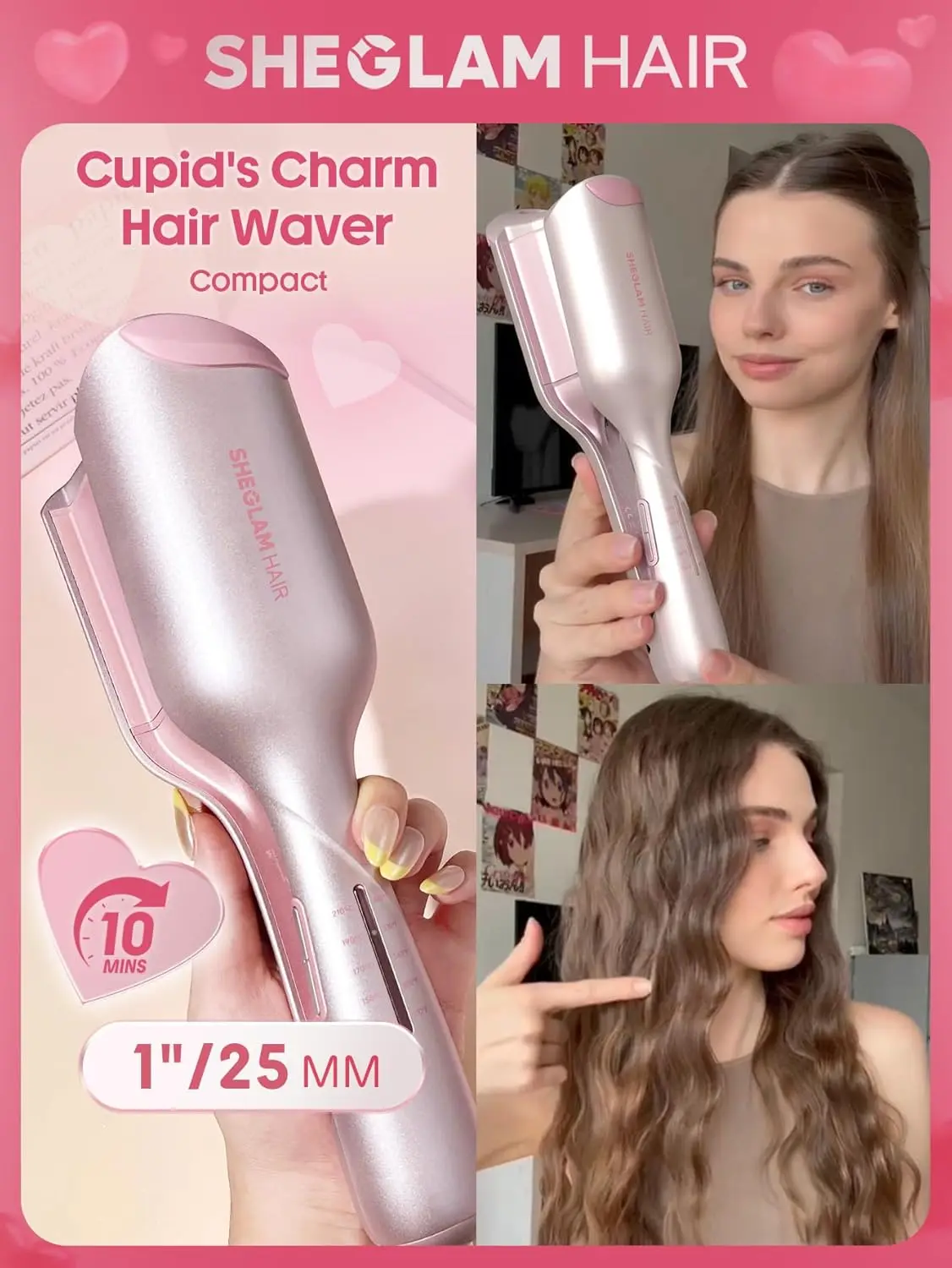 SHEGLAM Women's 1 in Pink Hair Waver - Double Barrel Crimper Tool with Plug, Handle, Anti-Scalding Design, Smart Timer, Adjustable Temps, Dual Voltage, Lightweight, 1 Unit for Mermaid Beach Waves & Short Hair (Gift Option), One Unit