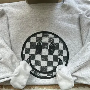 Checkered Smiley Crewneck | Smiley Face Sweatshirt, Gift For Her, Retro Hoodie, Trendy Crewneck, Checkered Smiley Face Crew, Graphic Hoodie ANVCZ