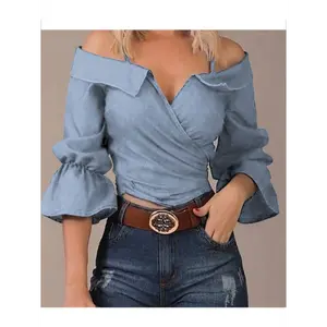 Women's Elegant Off-Shoulder V-Neck Spaghetti Strap Shirt with Flared Bell Sleeves - Solid Color Ruffled Detail Top, Machine Washable for Spring Summer Fall Casual & Formal Wear Collar Fabric Polyester Womenswear