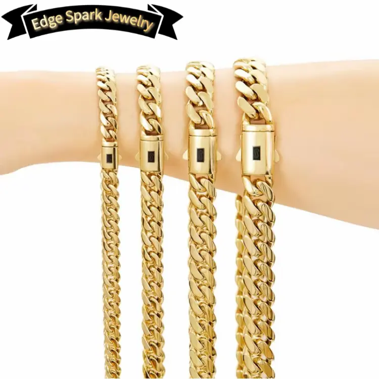 Edge Spark Jewelry 2026 New 14mm Gold-Plated Stainless Steel Cuban Link Necklace - Hip Hop Miami Style with Gold Hardware Chain, Versatile Fashion Costume Accessory