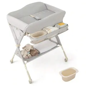 Portable Foldable Baby Changing Table with Wheels, Adjustable Height, Large Storage Rack, Water Basin, Safety Belt, Mobile Nursery Organizer for Newborns, Includes Cradle Cuddle Cot, Wipes, Inflatable Floor Chair and Air Pump (Gray)
