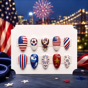 2026 USA Soccer Team Press On False Nails Set, Red White Blue Firework 4Th Of July Nail Art, Gif For Sport Lover
