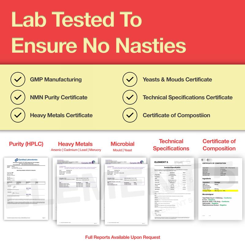 Element 5 NMN – 60 x 500mg Capsules – >99% Pure Nicotinamide Mononucleotide (NMN)