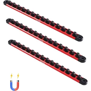 VEVOR Socket Organizer Rail Set, 3PCS Metric & SAE Aluminum Socket Organizers, 1/4'', 3/8'' & 1/2'' Heavy-Duty Socket Holder with 360 °   Rotating Clips for Tool Box, Hold up to 40 Sockets, Red & Black