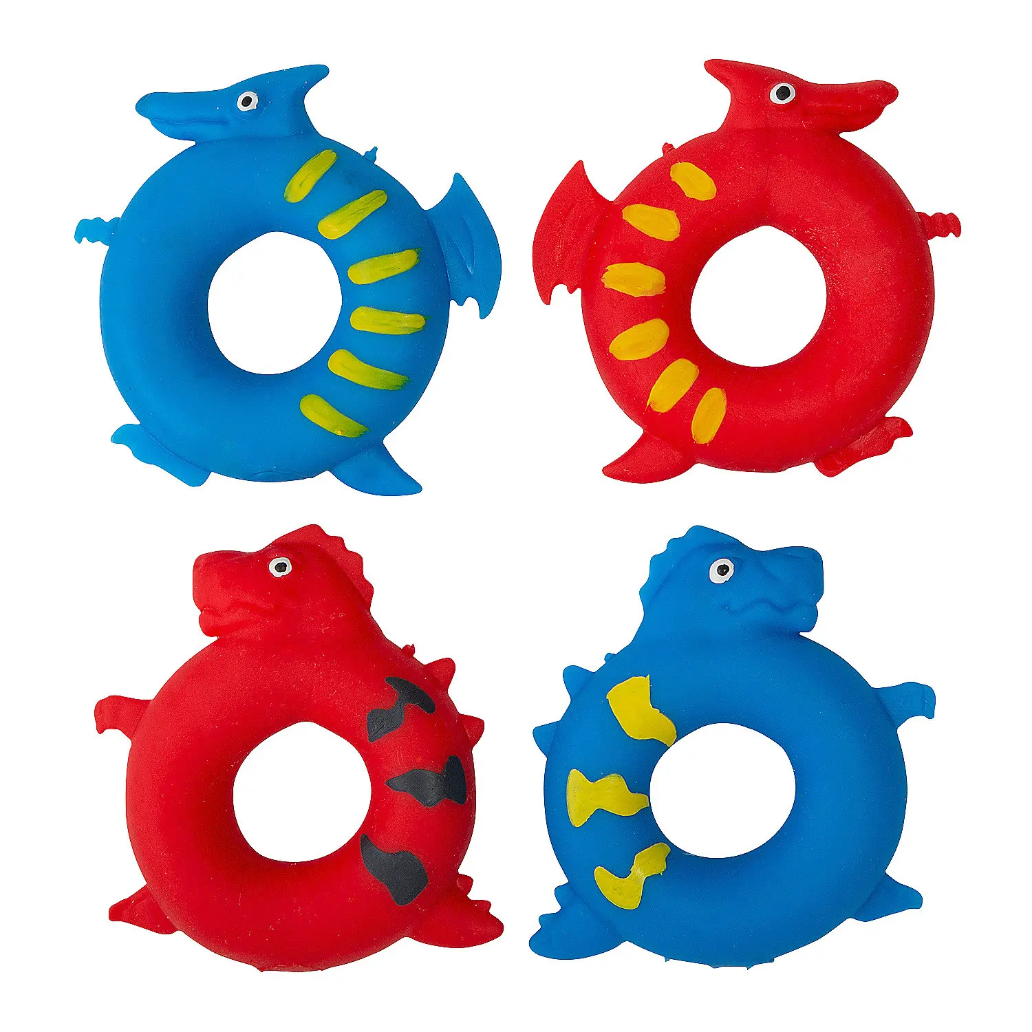 Unisex 4.5in Stretchy Colorful Donut-Shaped Dino Head Red & Blue Rubber Bracelet Toys - 6 Pc, Party Gifts for Dinosaur Enthusiasts, Everyday Wearing
