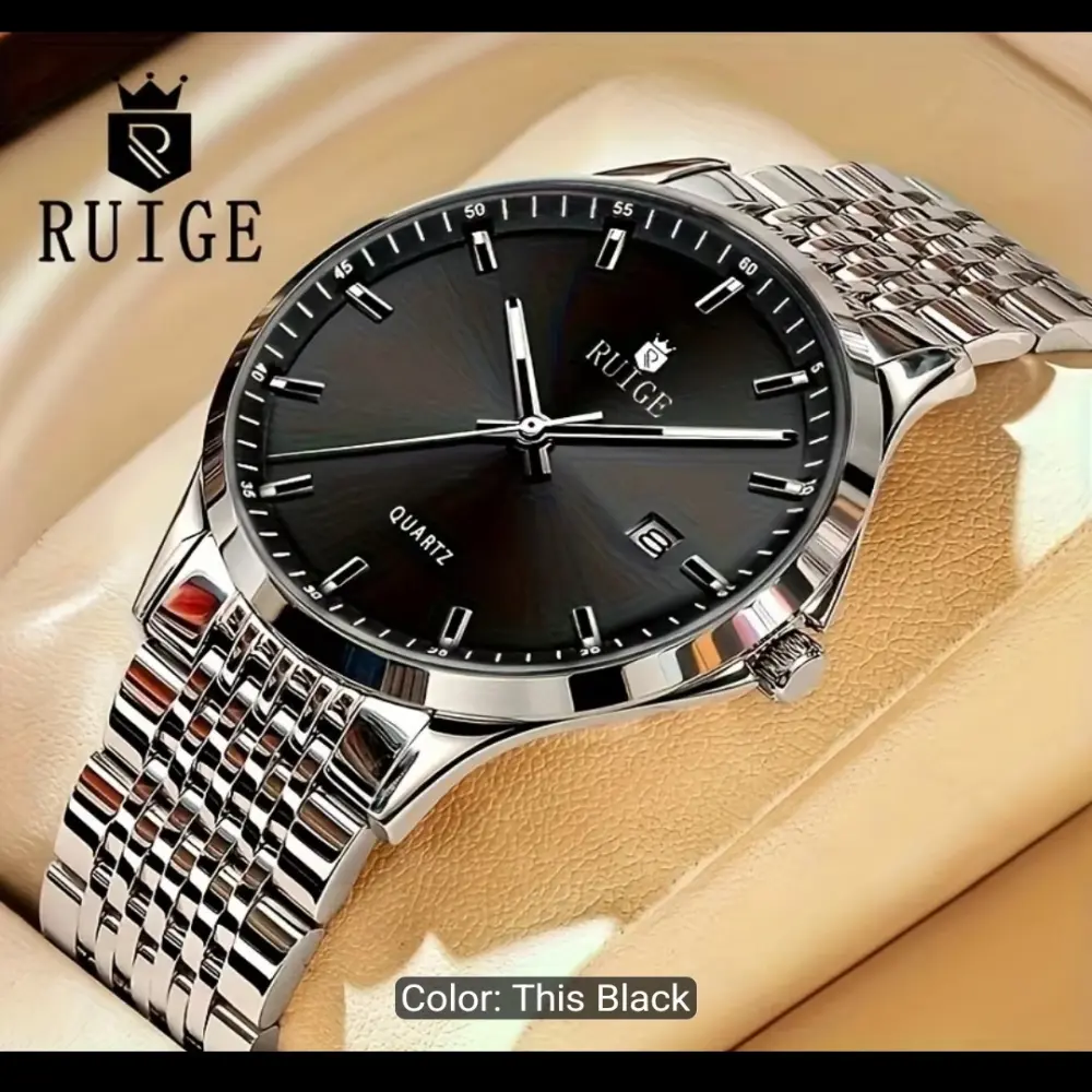 RUIGE Men Luxury Quartz Watch Silver Stainless Steel Band Black Dial Date New