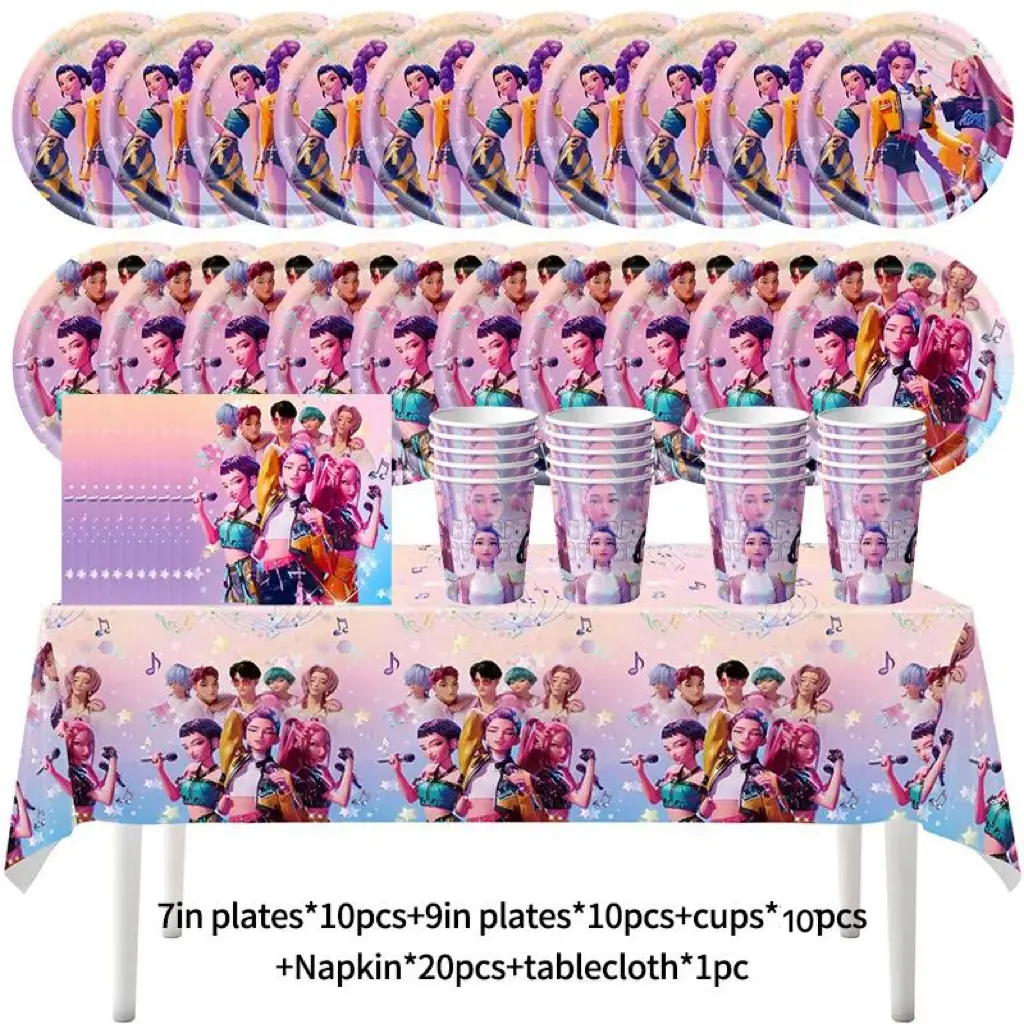 K-Pop Devil Birthday Decoration Party Disposable Plate Set, includes Happy Birthday banner, paper plates, anime theme.